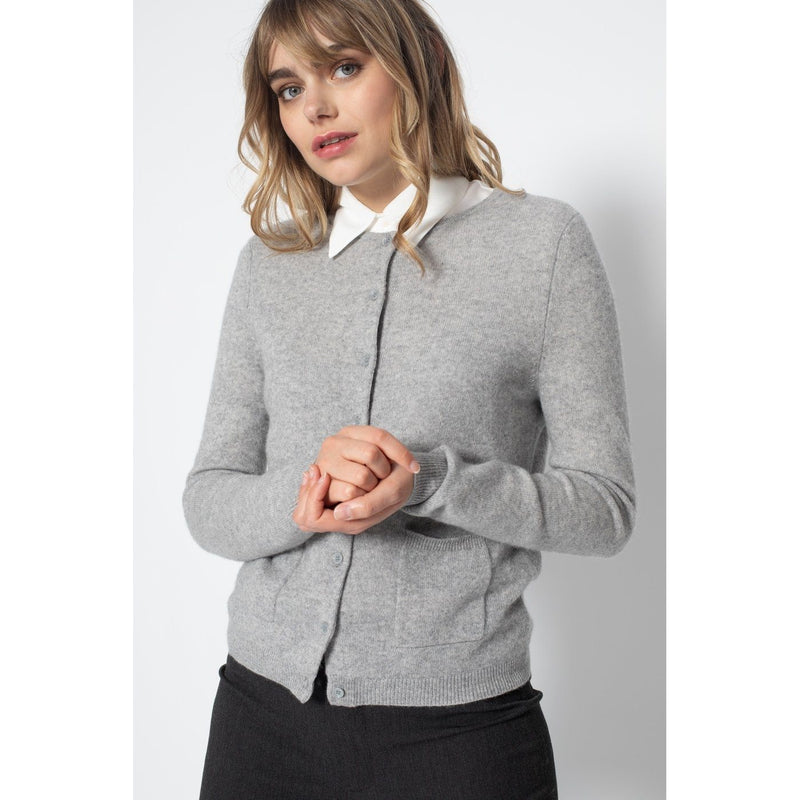 Perfect Cashmere - Cardigan Col Rond Slim Amy Gris Chine, 100% Cachemire, 2 Fils, Jersey - Femme