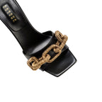 Catena Black High-Heel Sandal featuring antique gold chain embroidery and a comfortable 90mm heel.
