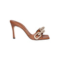 Catena Camello high-heel sandal in brown leather with gold and silver glam chain detailing.