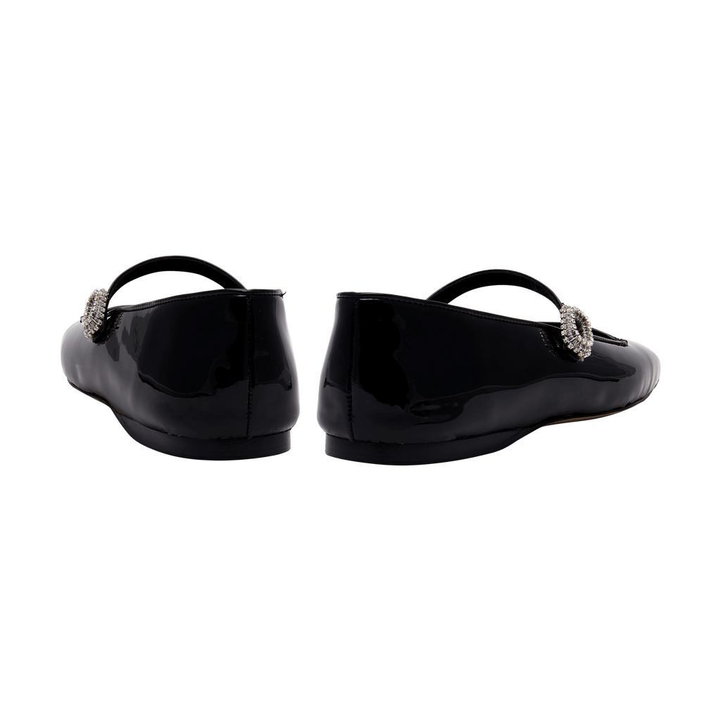 Catena Notte Black & Glam Flat Ballerina shoes featuring a glossy finish and sparkling buckle detail.
