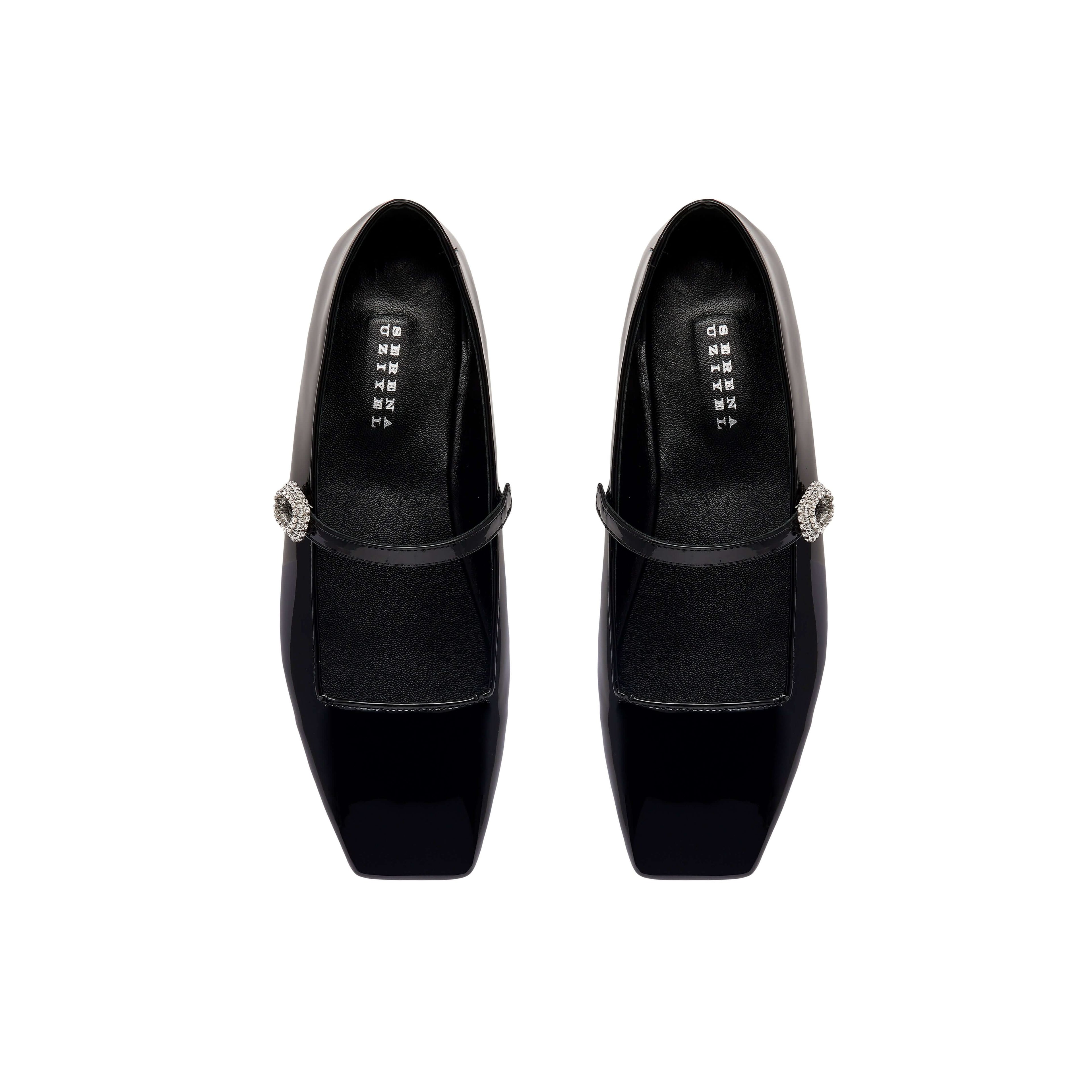 Catena Notte Black & Glam Flat Ballerina shoes in glossy patent leather with a squared toe and crystal-accented strap.