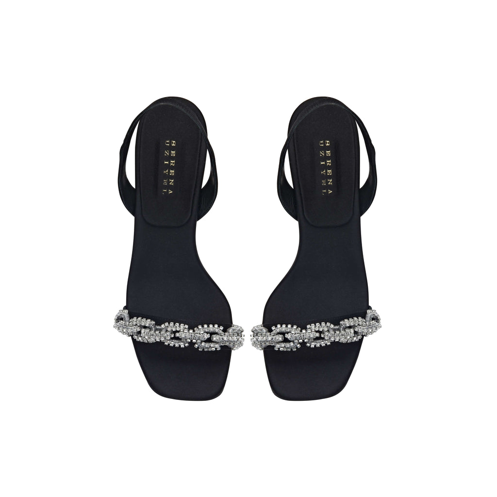 Catena Notte Black & Glam High-Heel Slingback Sandals featuring jewel-like chain link embroidery on a sleek design.