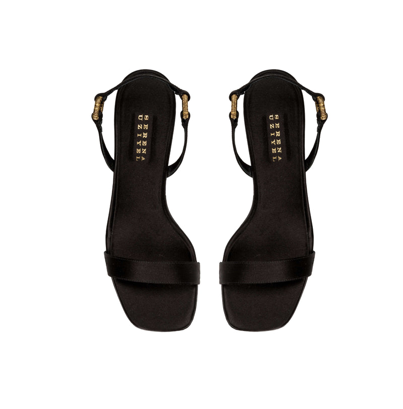 Catena Notte Black Platform Slingback Sandal in silk satin with antique gold metallic chain, 120mm heel, made in Italy.