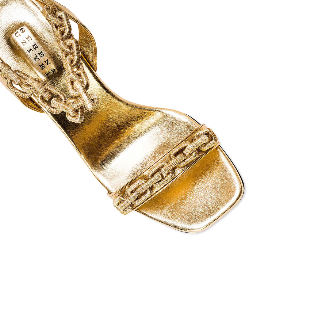 Top view of the Catena Notte Gold High-Heel Sandal featuring a luxurious gold leather finish and elegant chain detailing.