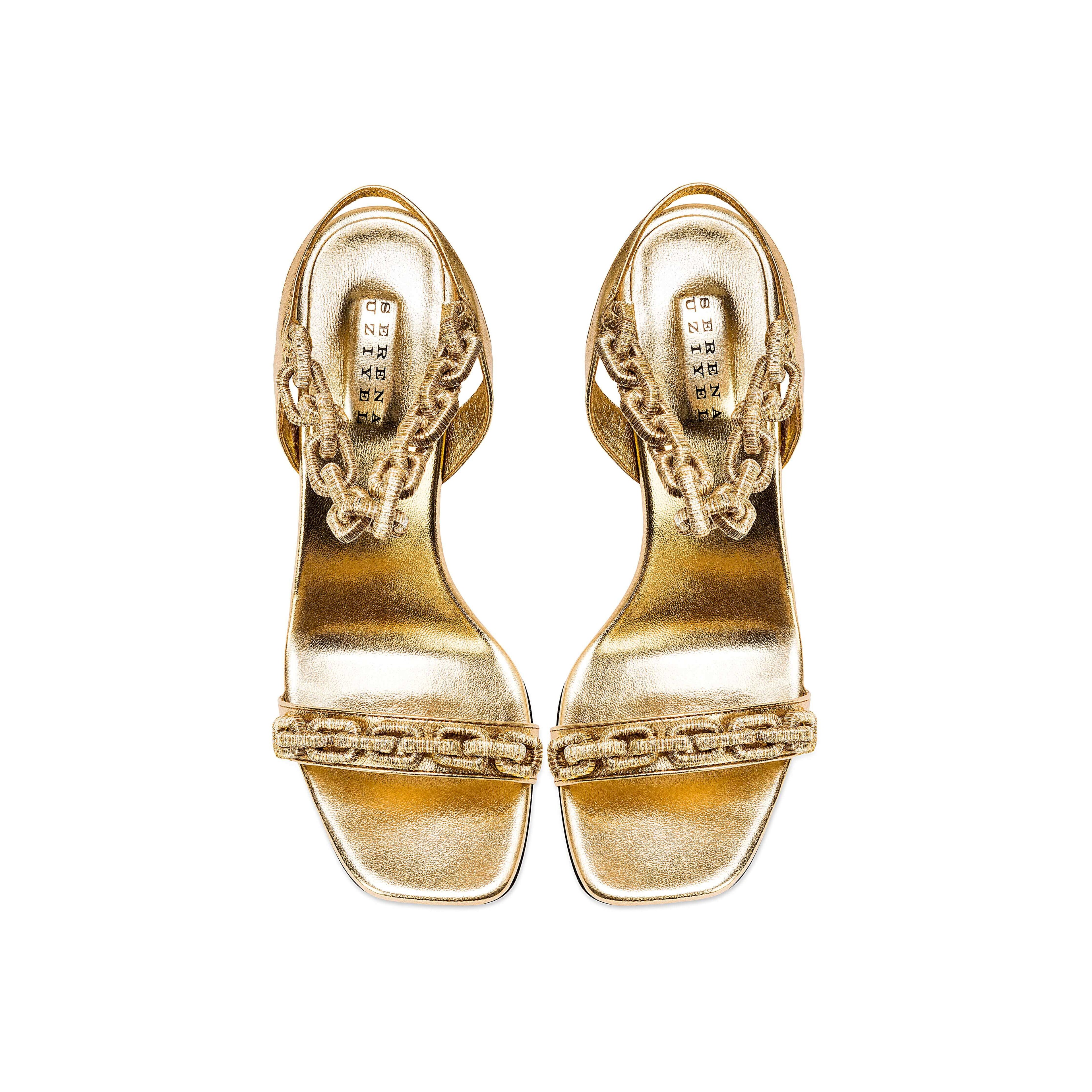 Elegant Catena Notte Gold high-heel sandals showcasing chain embroidery and cushioned insoles, crafted in Italy.