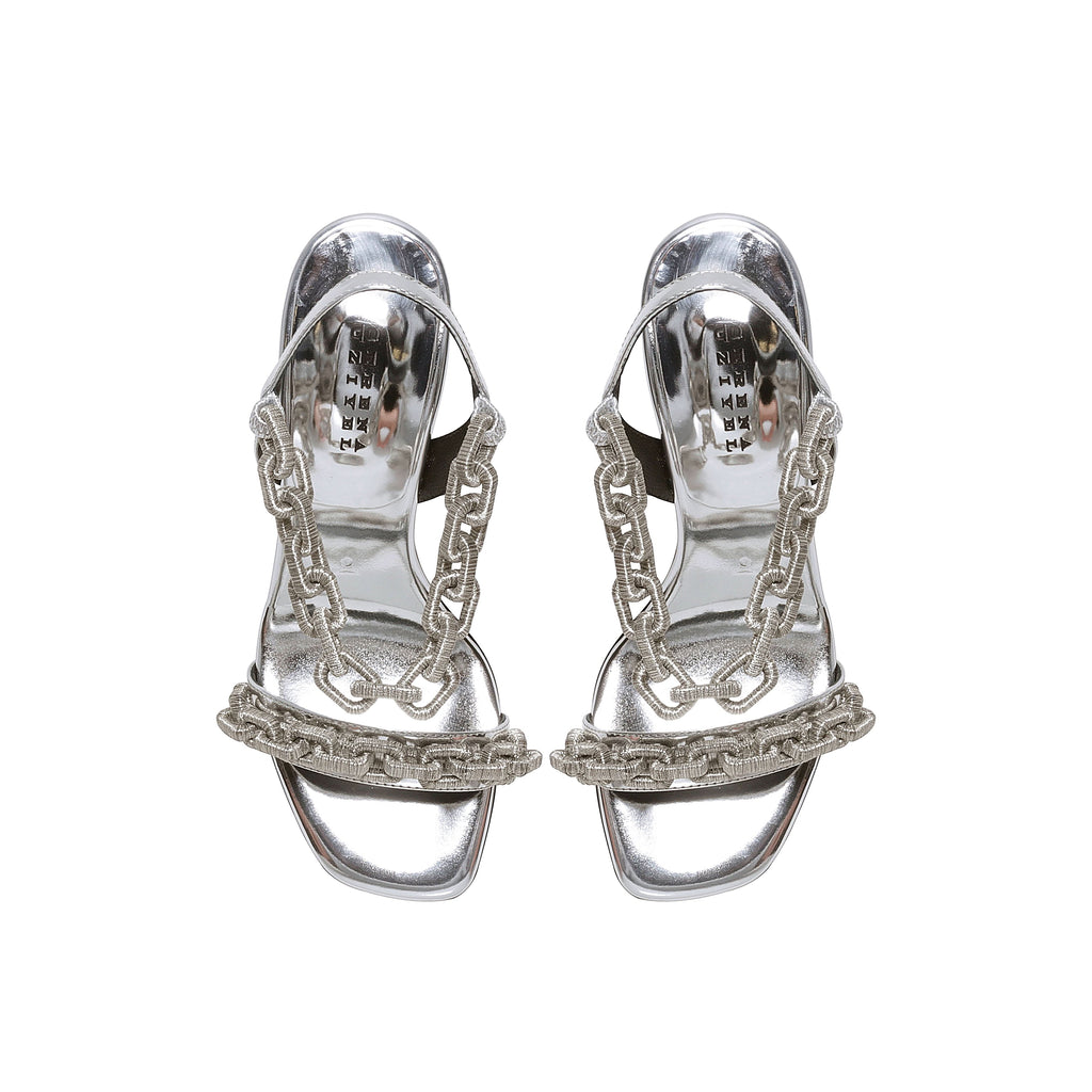 Catena Notte silver high-heel sandals featuring chain embroidery, crafted in Italy with a cushioned insole for comfort.
