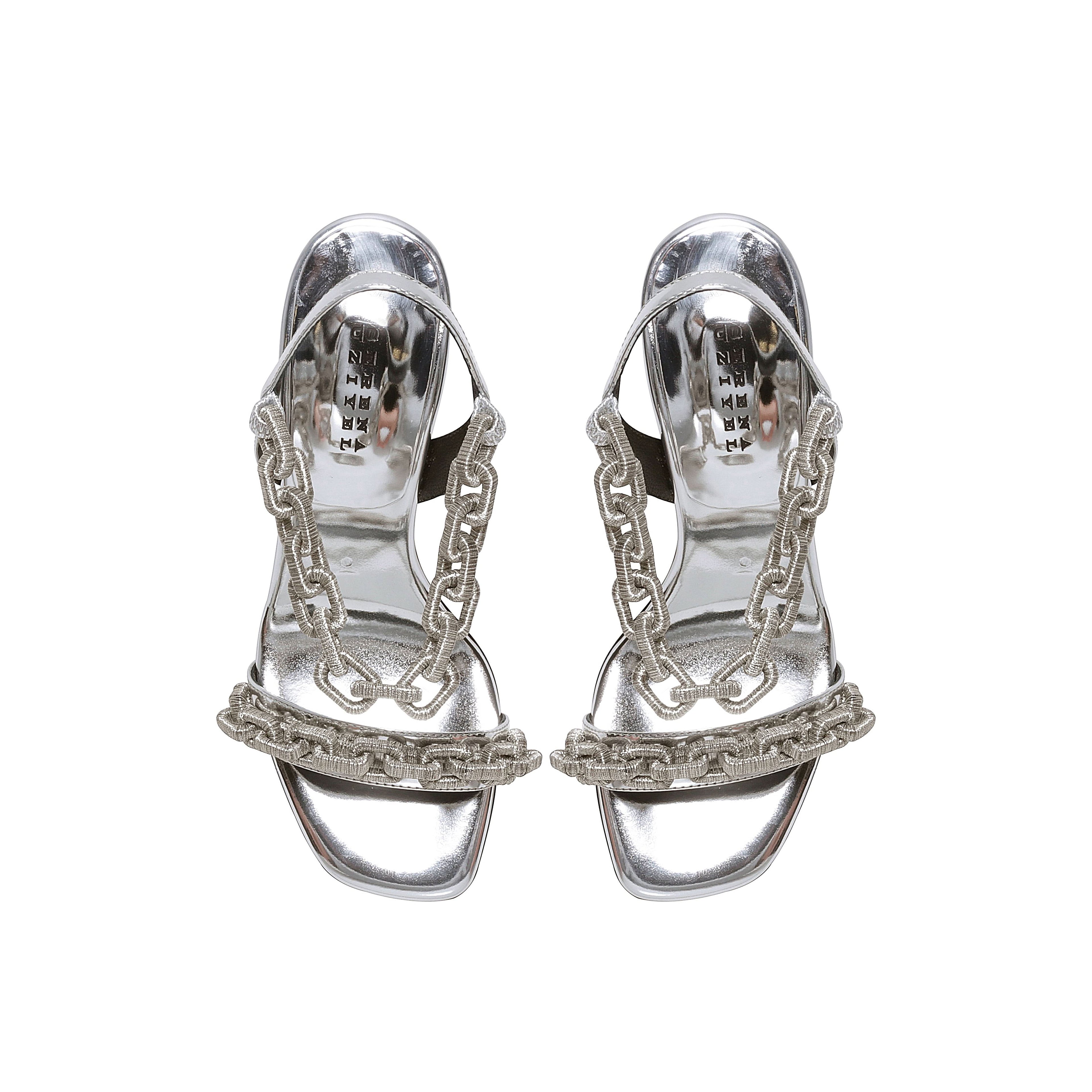 Catena Notte silver high-heel sandals featuring chain embroidery, crafted in Italy with a cushioned insole for comfort.