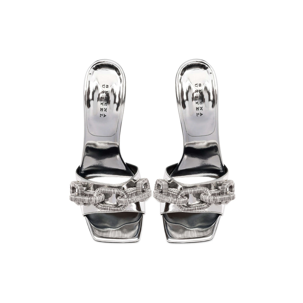 Catena Silver High-Heel Sandal featuring metallic chain embroidery and a stylish 90mm heel, handcrafted in Italy.