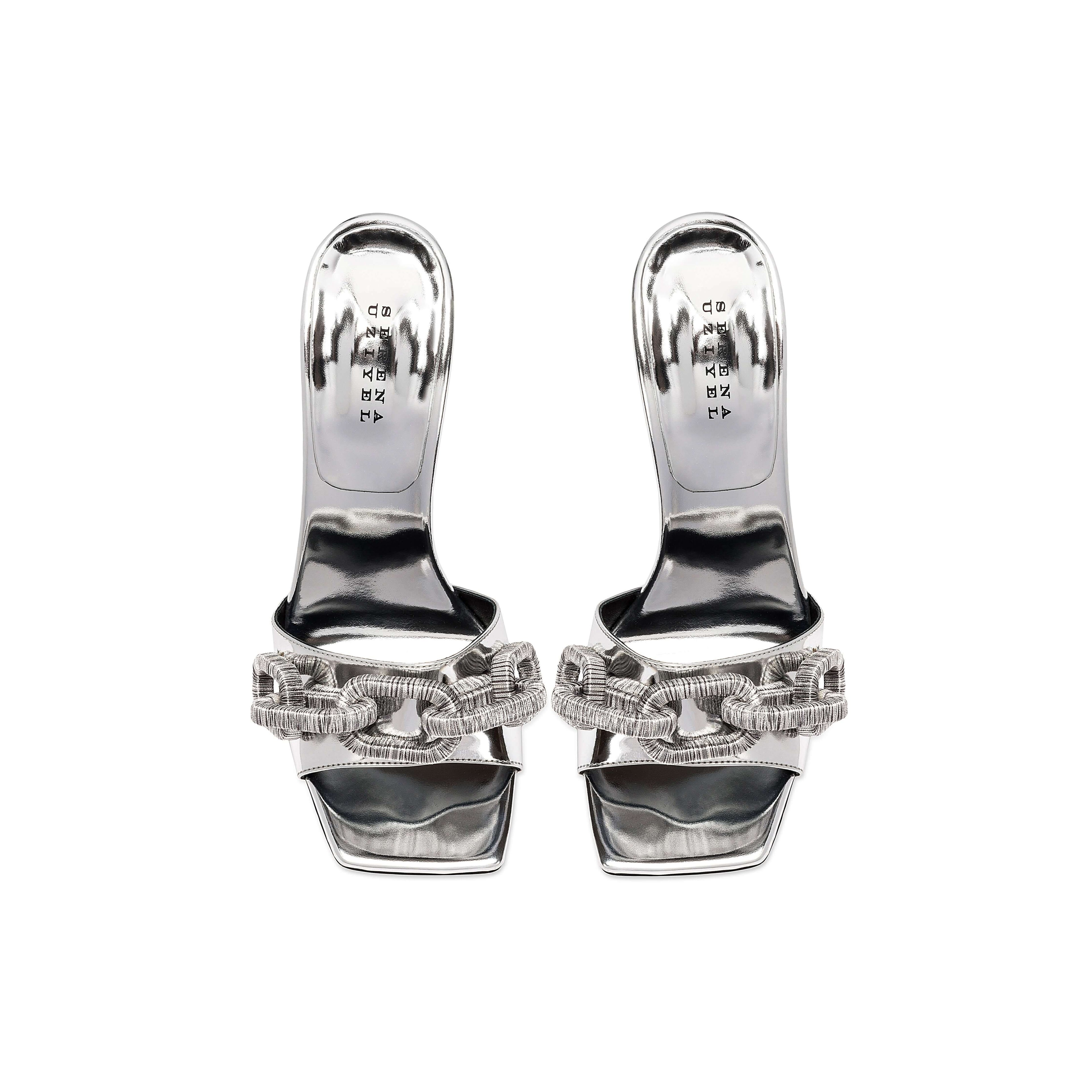 Catena Silver High-Heel Sandal featuring metallic chain embroidery and a stylish 90mm heel, handcrafted in Italy.