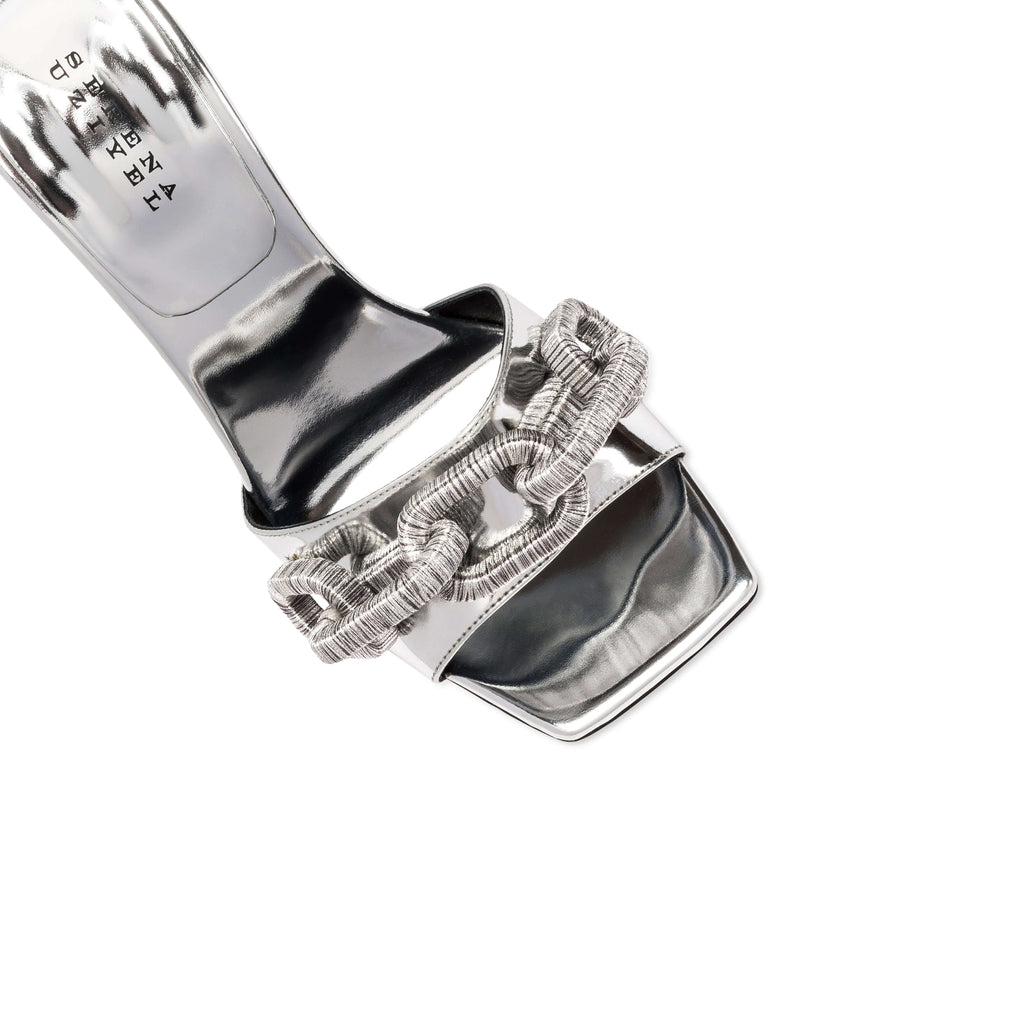 Catena Silver High-Heel Sandal featuring mirror leather and metallic chain embroidery, showcasing elegant craftsmanship.