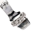 Catena Silver High-Heel Sandal featuring mirror leather and metallic chain embroidery, showcasing elegant craftsmanship.