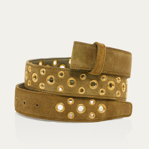Olive Suede Calfskin Belt With Gold Eyelets