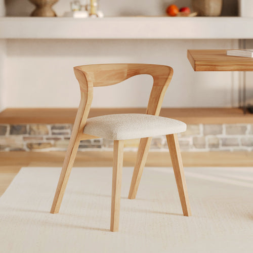 Vega - Chaise En Bois D'Hévéa Clair Et Tissu Bouclé Crème
