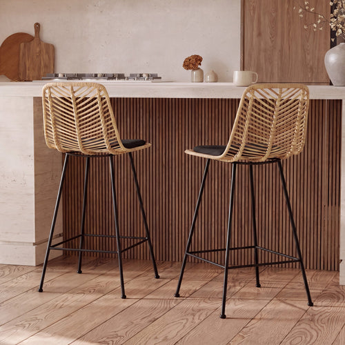 Tamara - Lot De 2 Chaises Pour Îlot Central En Rotin Naturel Et Noir