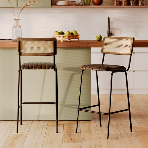 Arsène - Lot De 2 Chaises De Bar En Cannage Et Cuir Marron