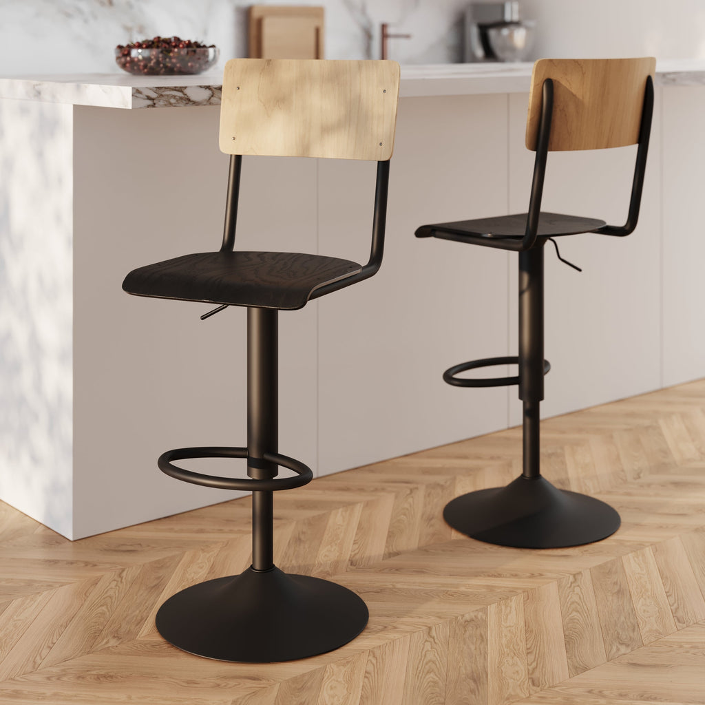 Clem - Set of 2 Adjustable Bar Chairs in Light Wood and Black