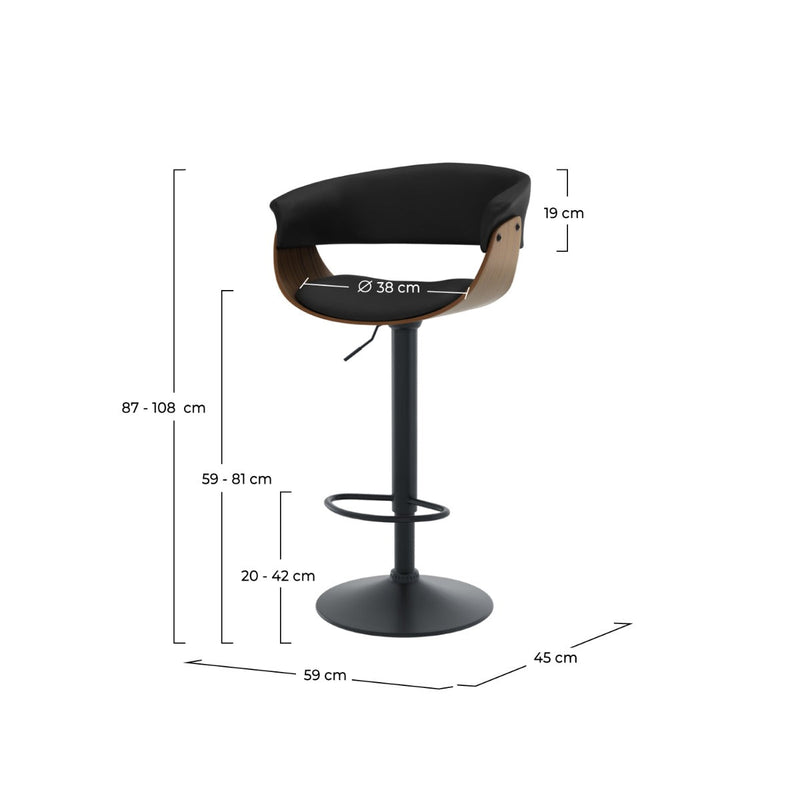 Basile black bar chair with armrests 59/81 cm