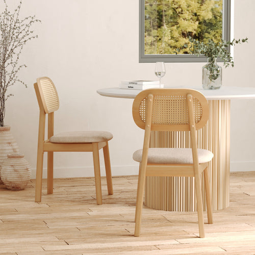 Maria - Set of 2 Chairs in Light Wood, Beige Fabric and Synthetic Rattan
