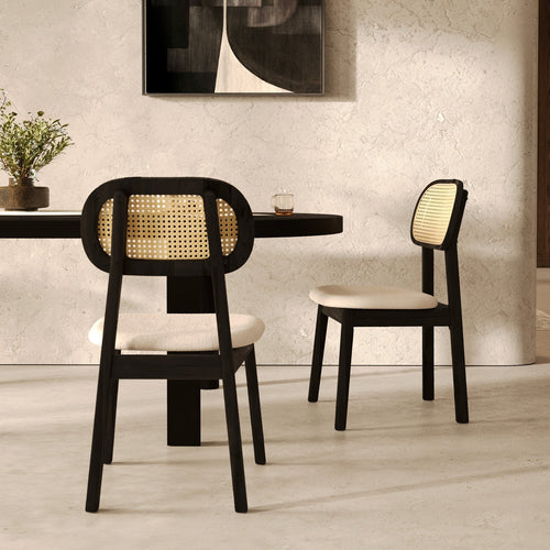 Maria - Lot De 2 Chaises En Bois Noir, Tissu Beige Et Rotin Synthétique