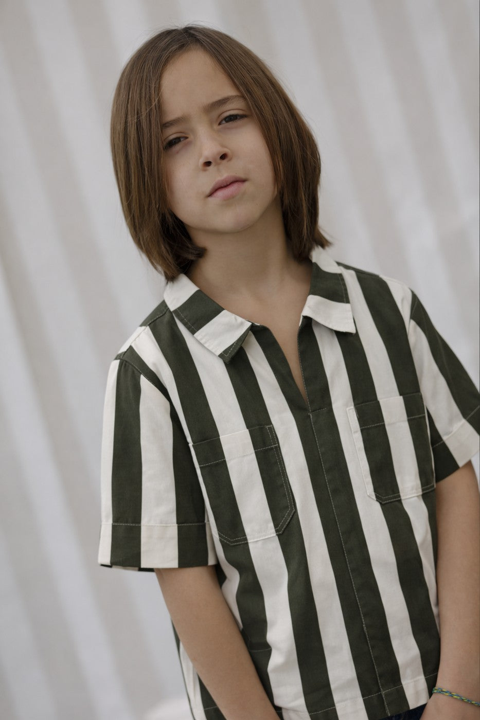 Carl Striped Shirt - Child Boy - Olive & White