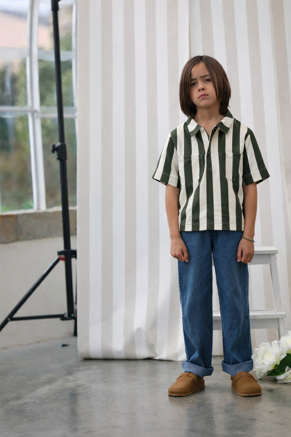 Carl Striped Shirt - Child Boy - Olive & White