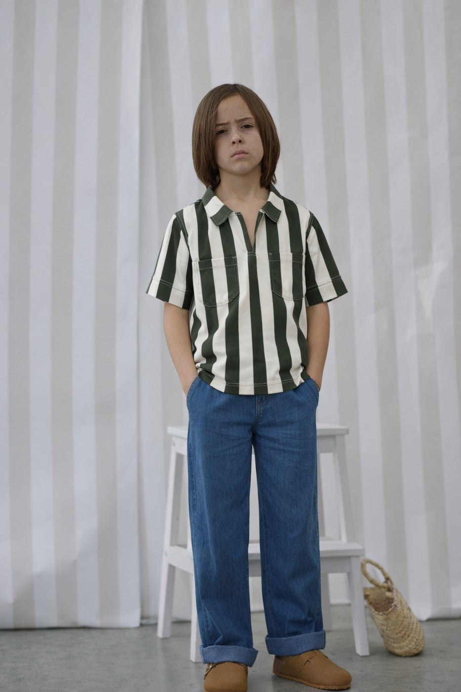 Carl Striped Shirt - Child Boy - Olive & White
