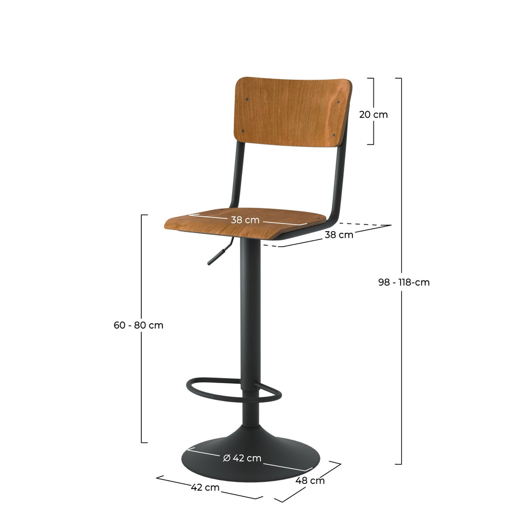 Clem - Juego de 2 sillas de bar regulables en madera oscura