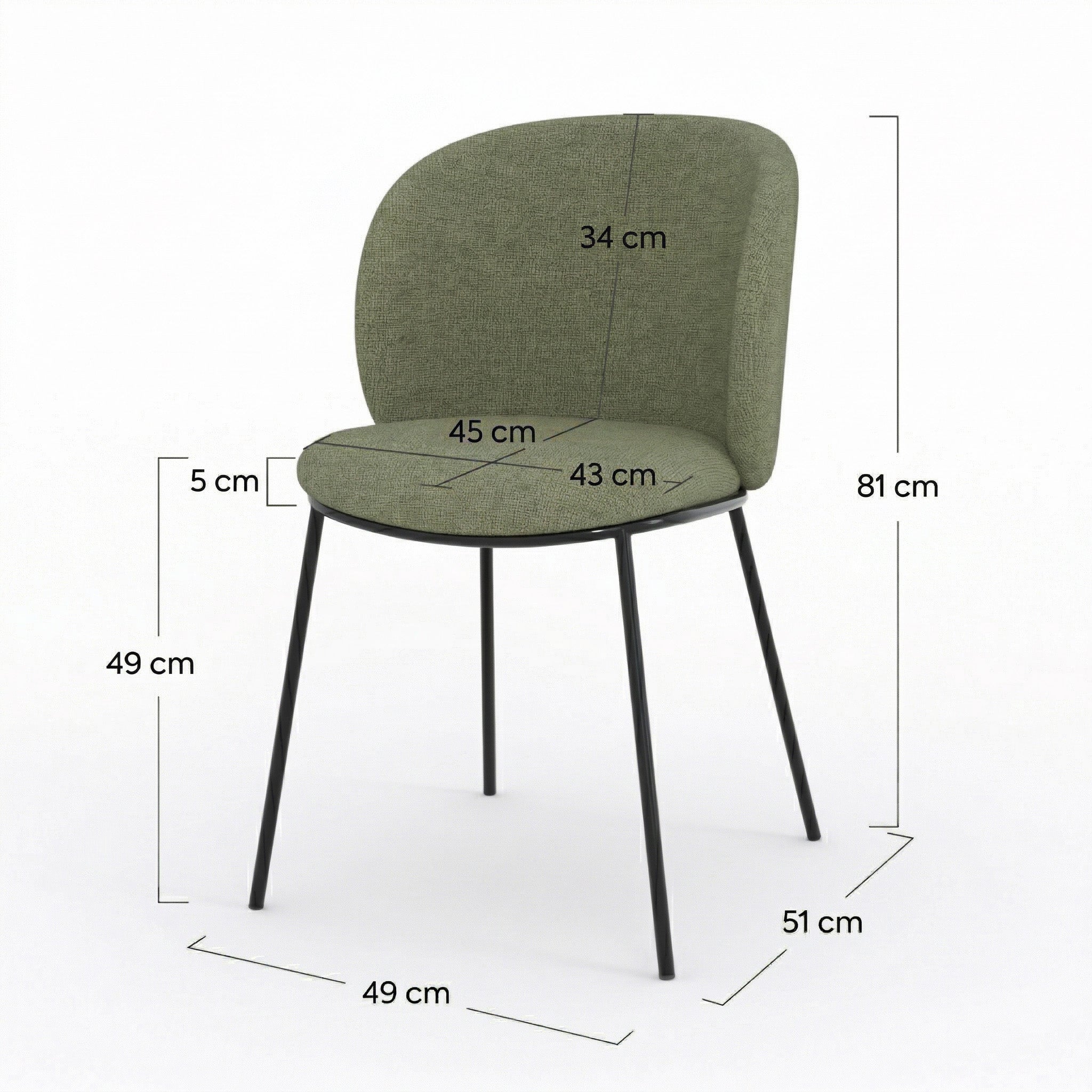 Bulle - Lot De 2 Chaises En Tissu Vert Kaki, Pieds Métal Noir