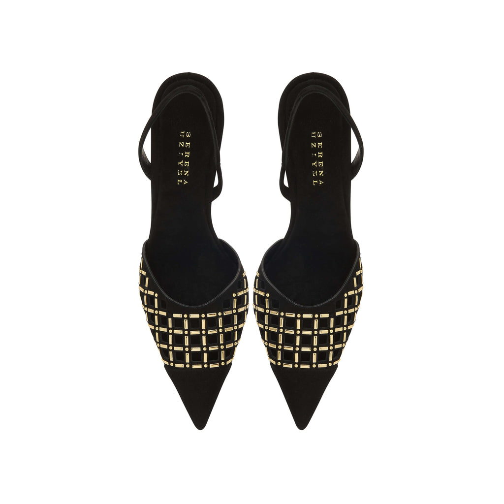 Elora Black High-Heel Slingback Pump featuring chic metallic detailing and a classic silhouette for day and evening wear.