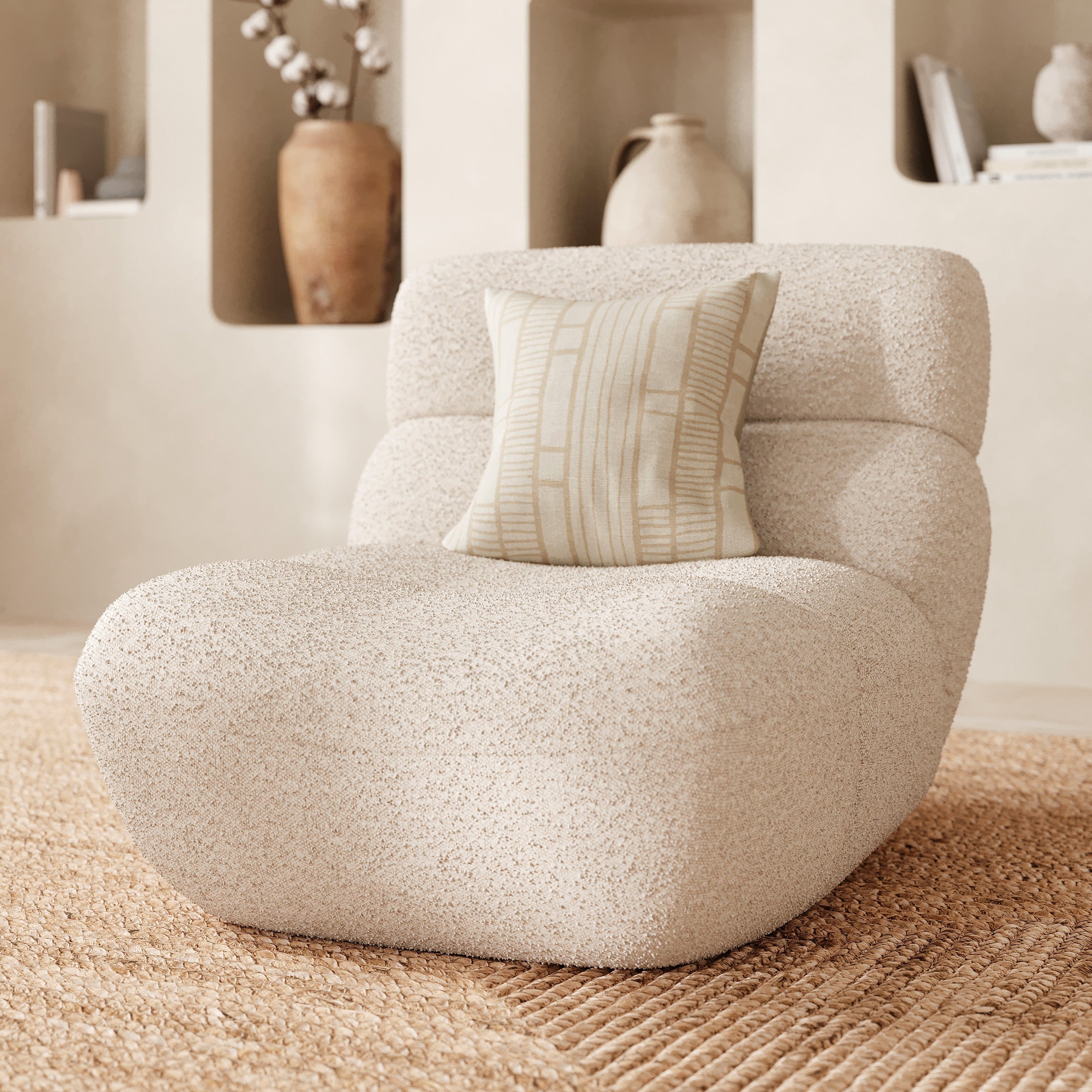 Teddy - Conjunto de Sillón y Puf de Tejido Bouclé Blanco