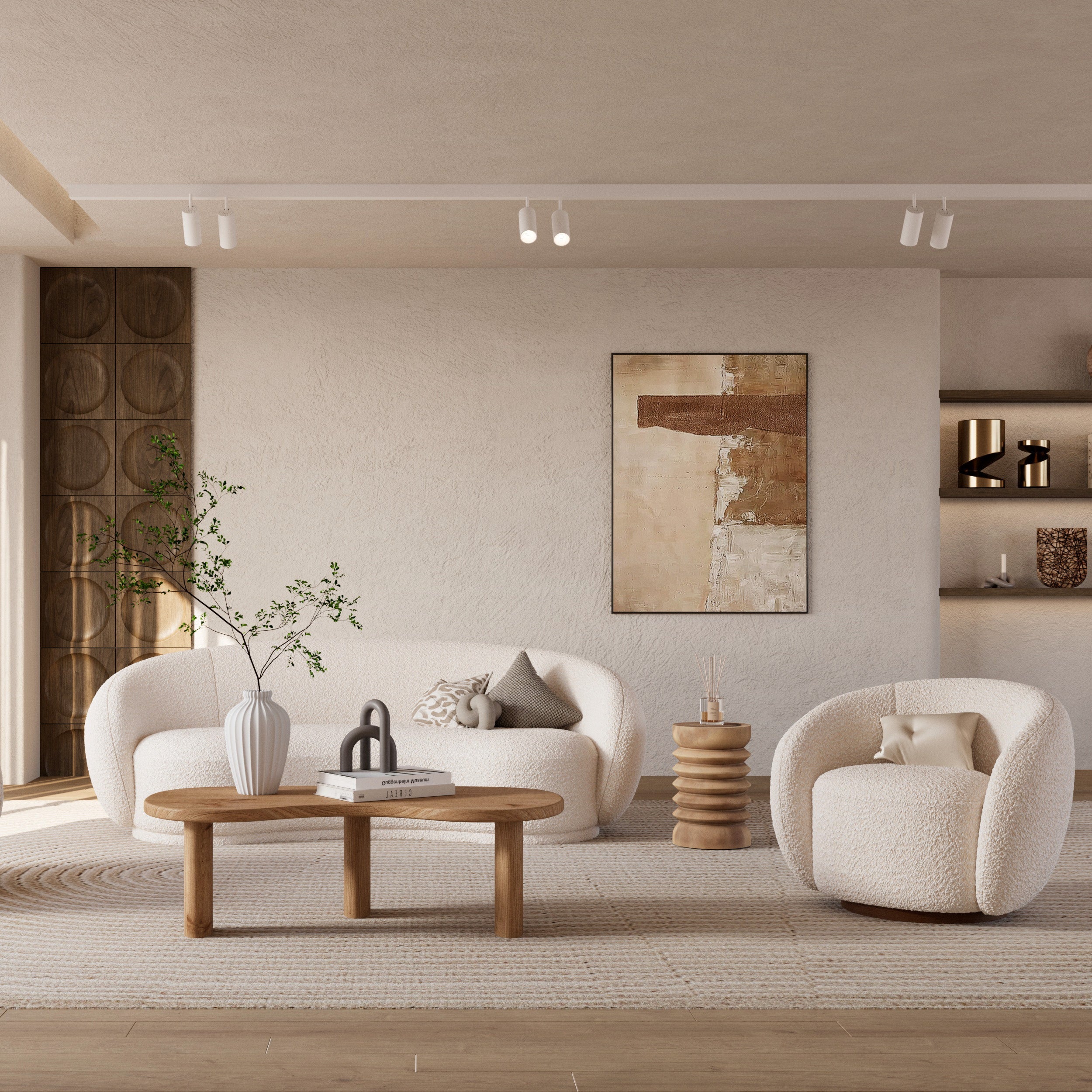 Naya - Swivel Armchair in White Bouclé Fabric