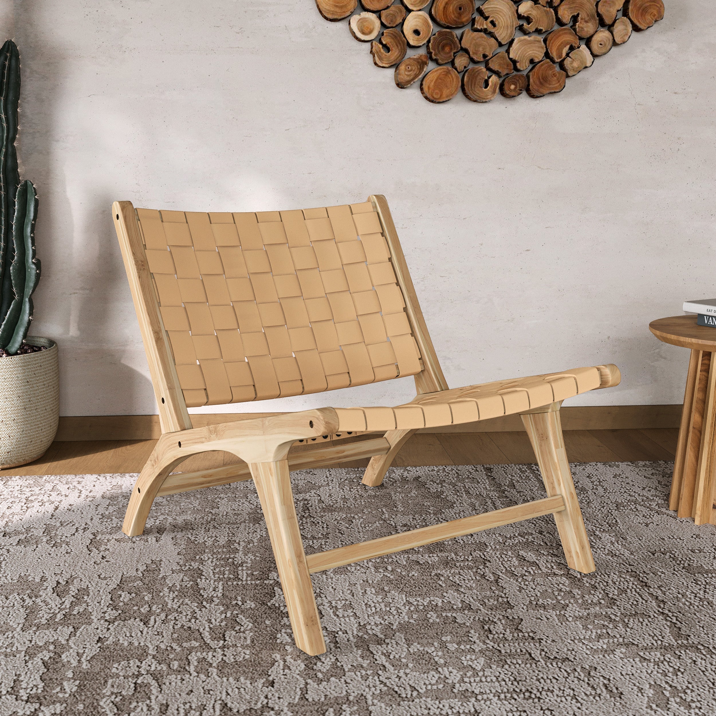 Kuna - Teak And Beige Woven Leather Armchair