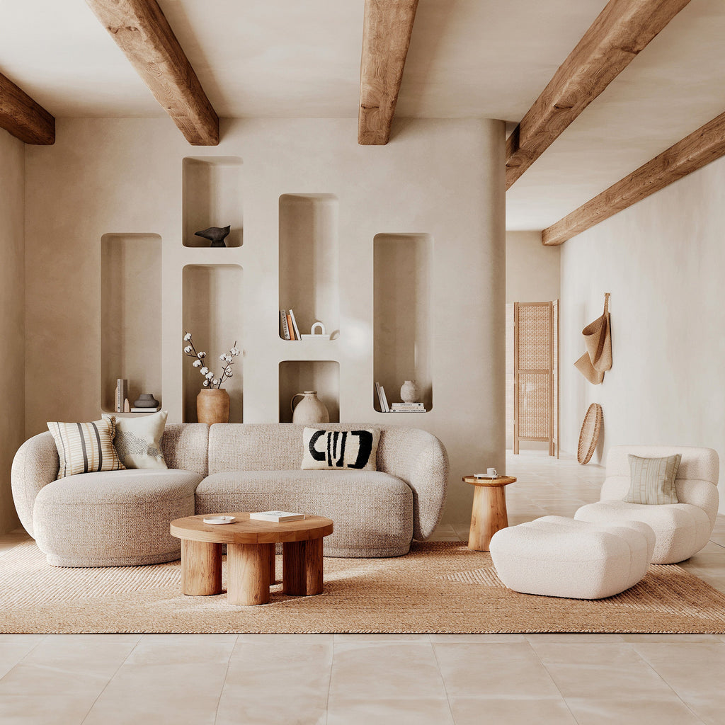 Teddy - Conjunto de Sillón y Puf de Tejido Bouclé Blanco