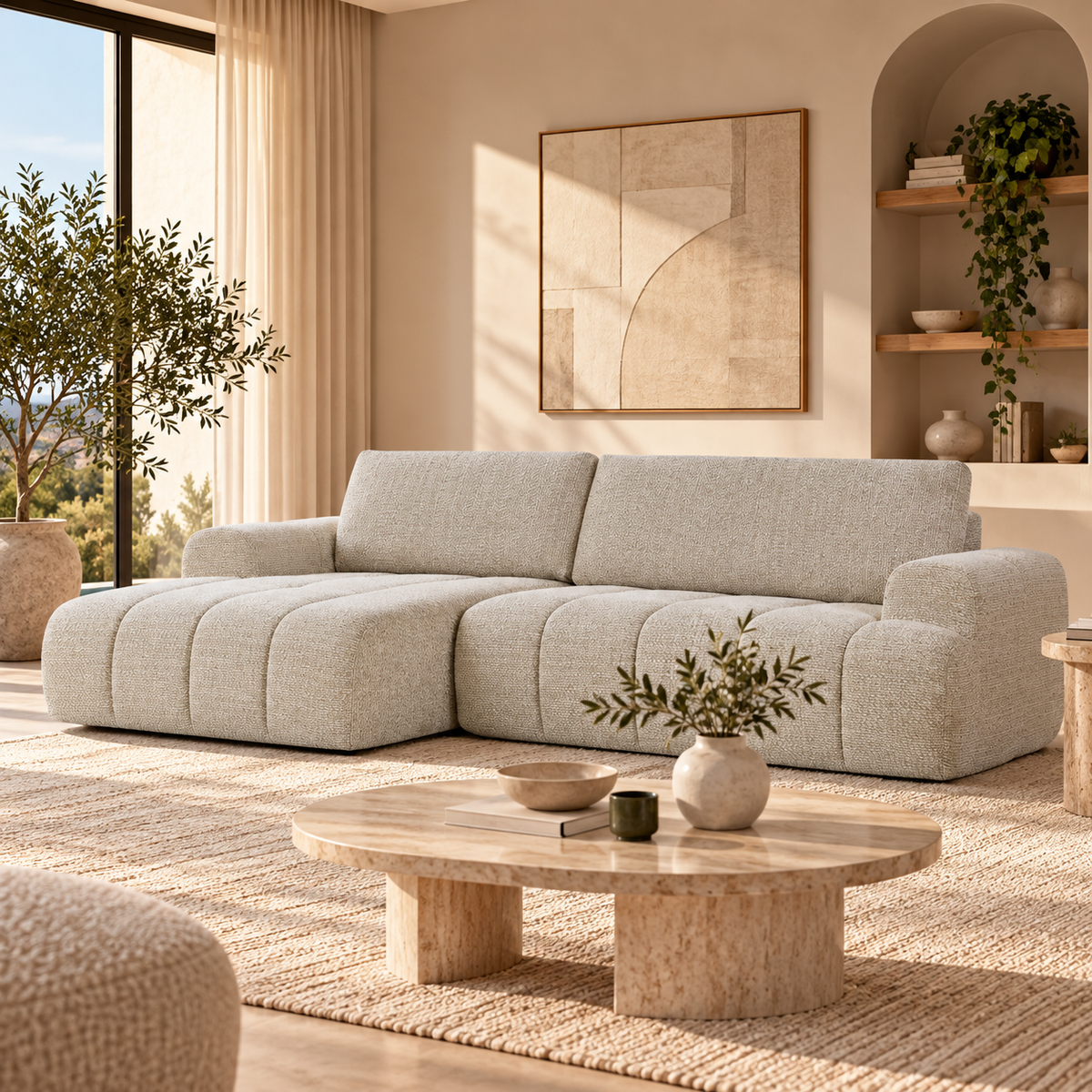 Feya - Canapé D'Angle Gauche Compressé 4 Places - Tissu Chenille - Crème