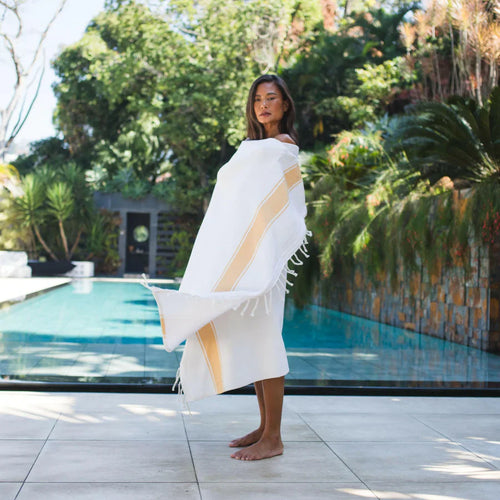 Terry Lined Fouta - White/Mustard Yellow