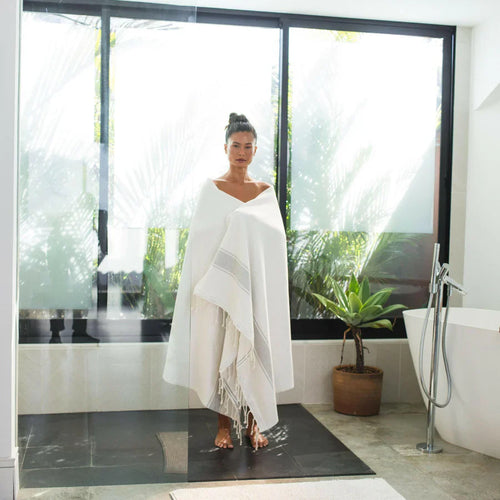 Terry Lined Fouta - White/Light Gray