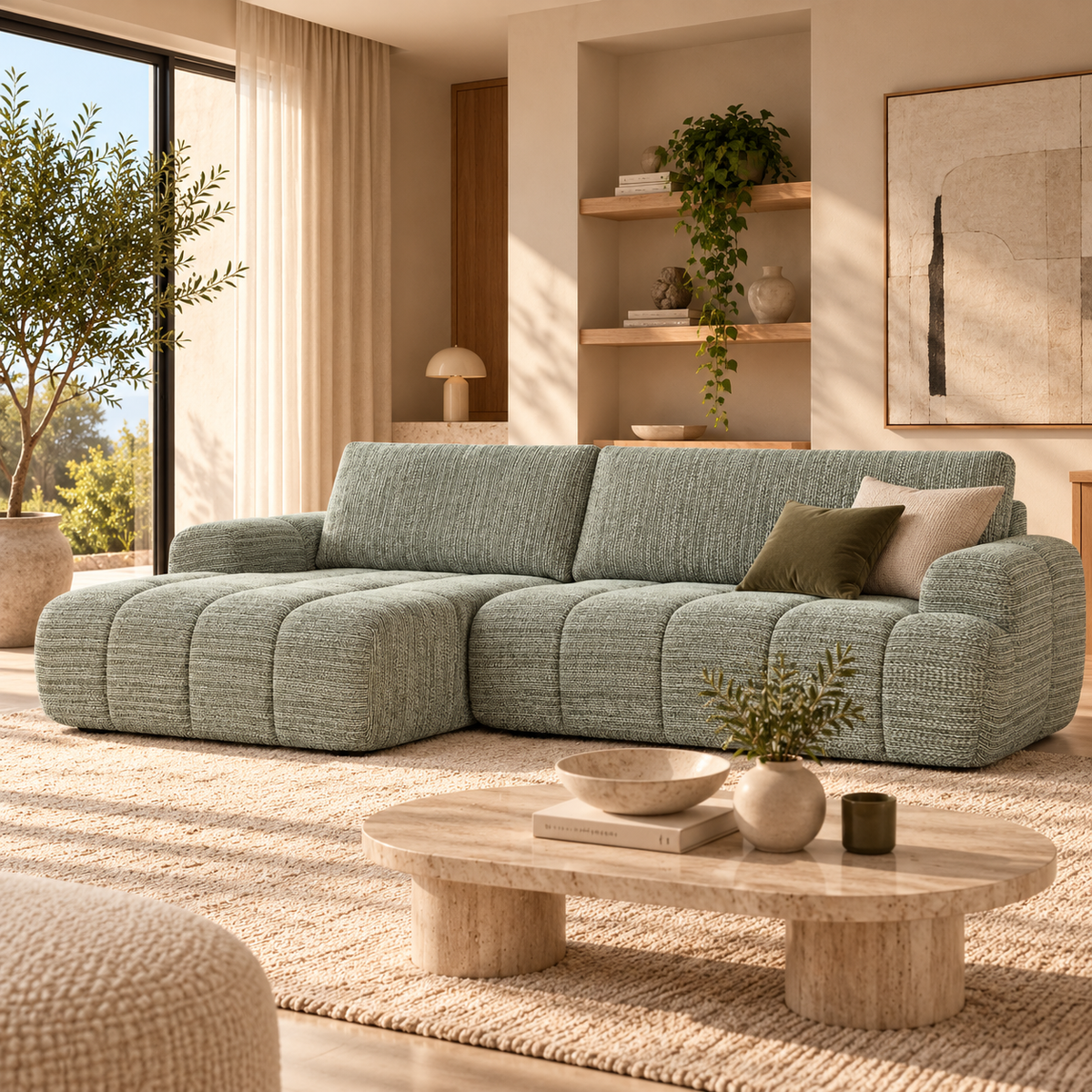 Feya - 4-Sitzer-Ecksofa links komprimiert - Chenille-Stoff - Grün