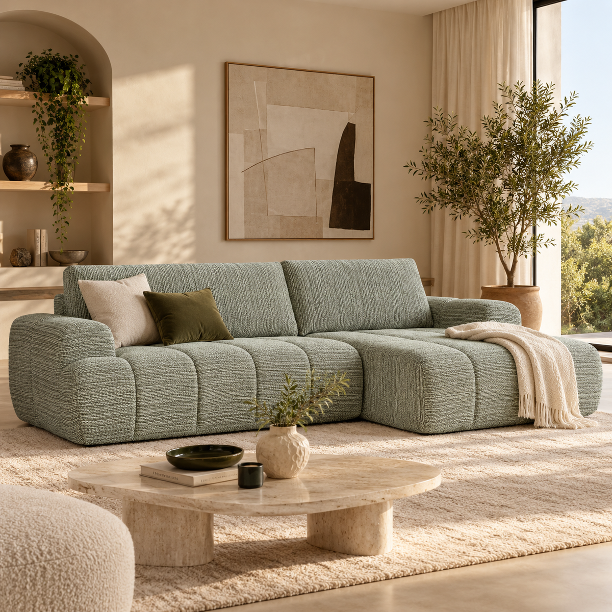 Feya - Canapé D'Angle Droit Compressé 4 Places - Tissu Chenille - Vert