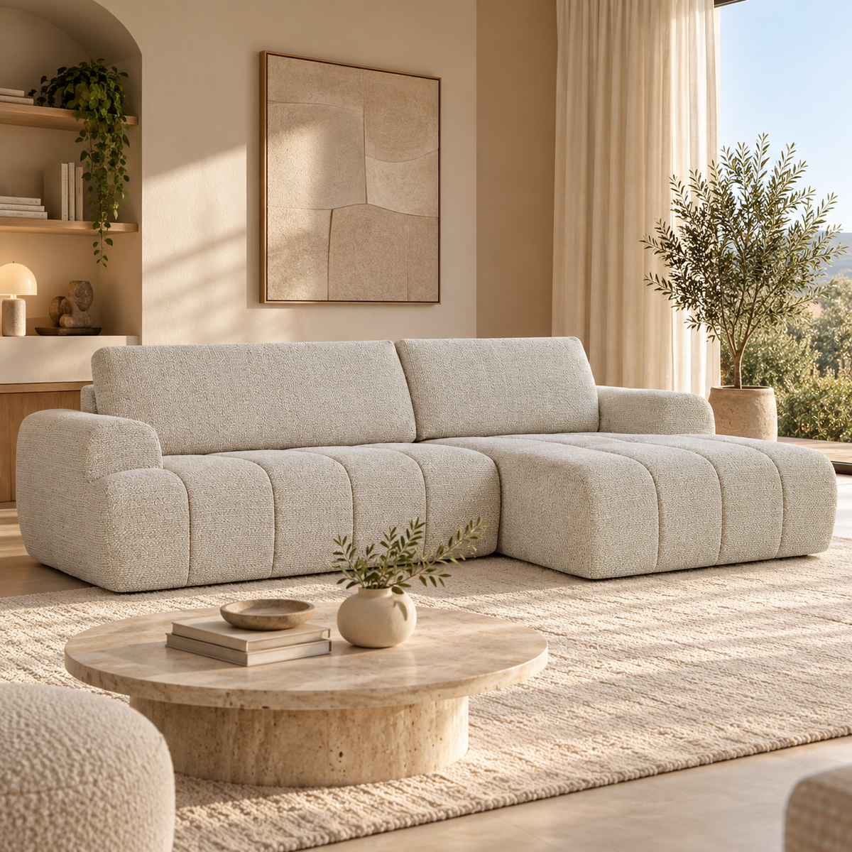 Feya - Canapé D'Angle Droit Compressé 4 Places - Tissu Chenille - Crème