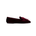 Elegant burgundy flat moccasin with metallic embroidered bow, crafted for comfort and style.