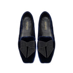 Fiocco Navy Flat Moccasin featuring elegant black embroidered bow on luxurious navy velvet, perfect for chic fall style.