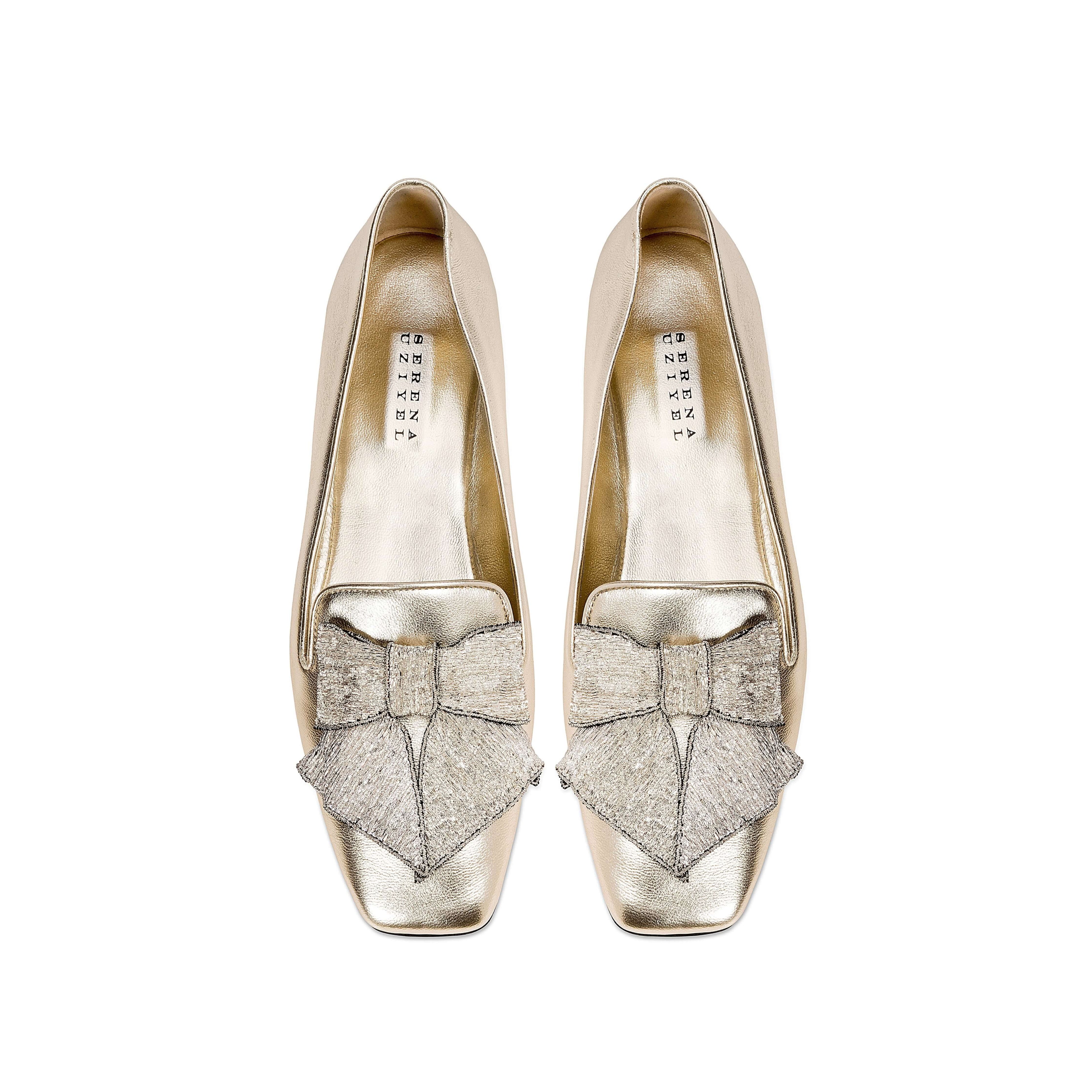 Fiocco Sahara Flat Moccasin featuring metallic leather and embroidered bow, a chic accessory for Fall.