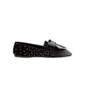 Fiocco Studs Flat Moccasin in black suede with crystal studs and a bow, perfect for chic winter styling.