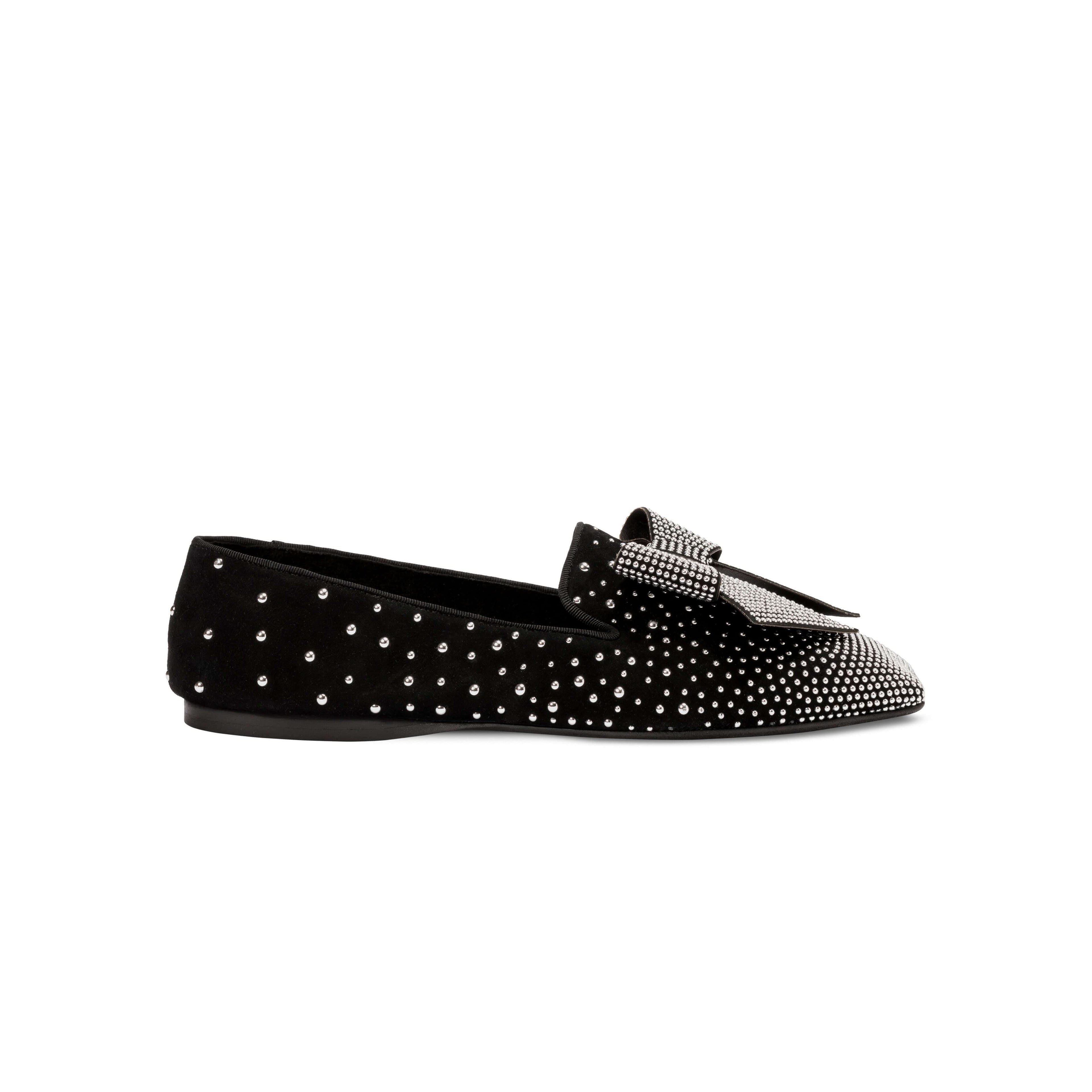 Fiocco Studs Flat Moccasin in black suede with crystal studs and a bow, perfect for chic winter styling.