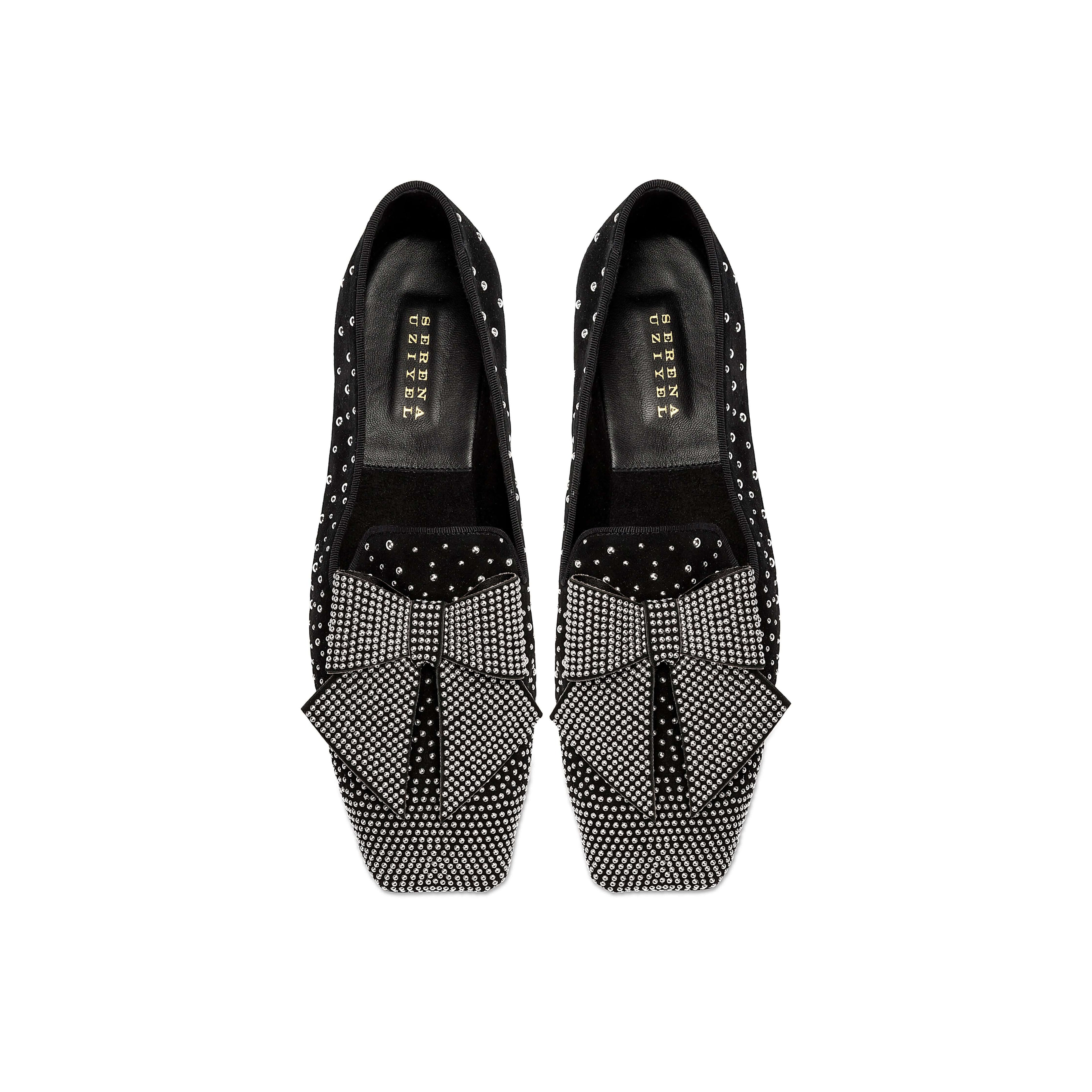 Fiocco Studs Flat Moccasin in black suede with crystal studs and a studded bow, ideal for chic winter styling.