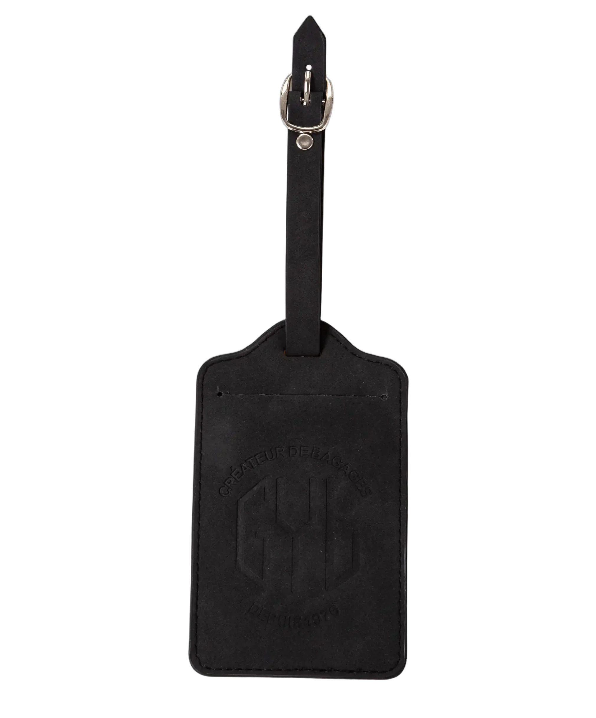 Etiqueta de equipaje GYL negra vista frontal con logo Createur de Bagages fondo transparente