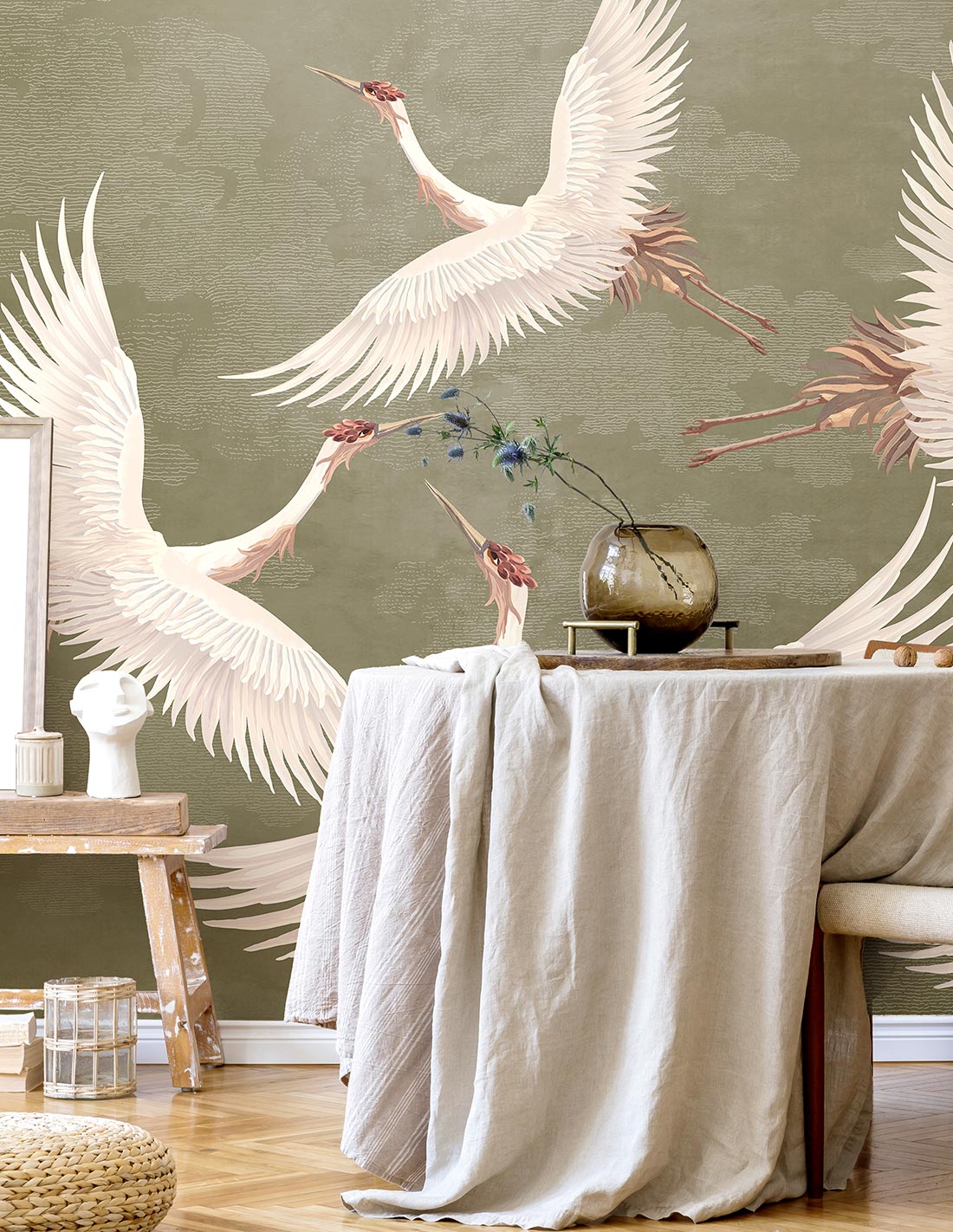 L’Envol Du Héron Wall Mural - Ivory Olive Mist Feather