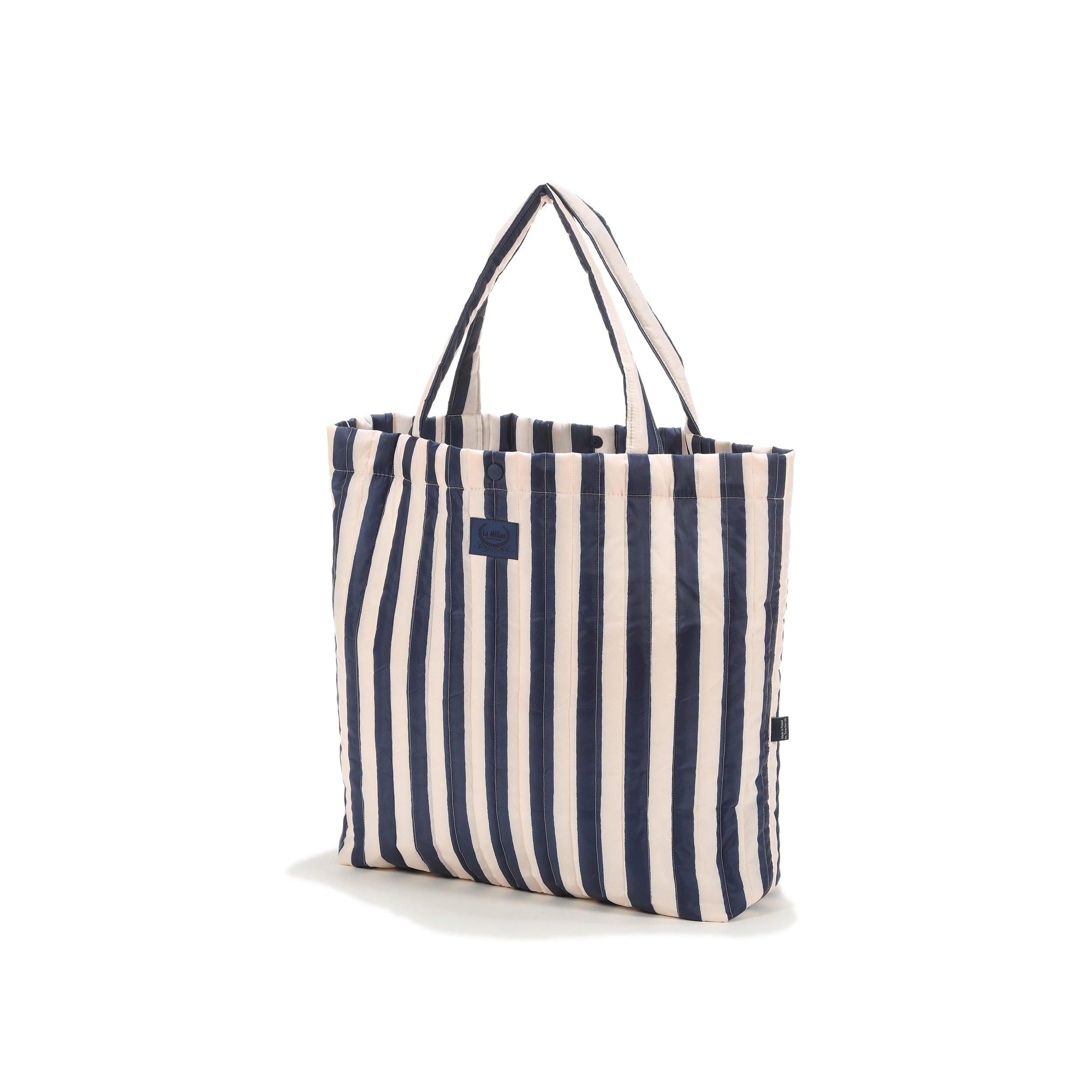 Bolso Shopper De Nylon - Rayas Azul Marino
