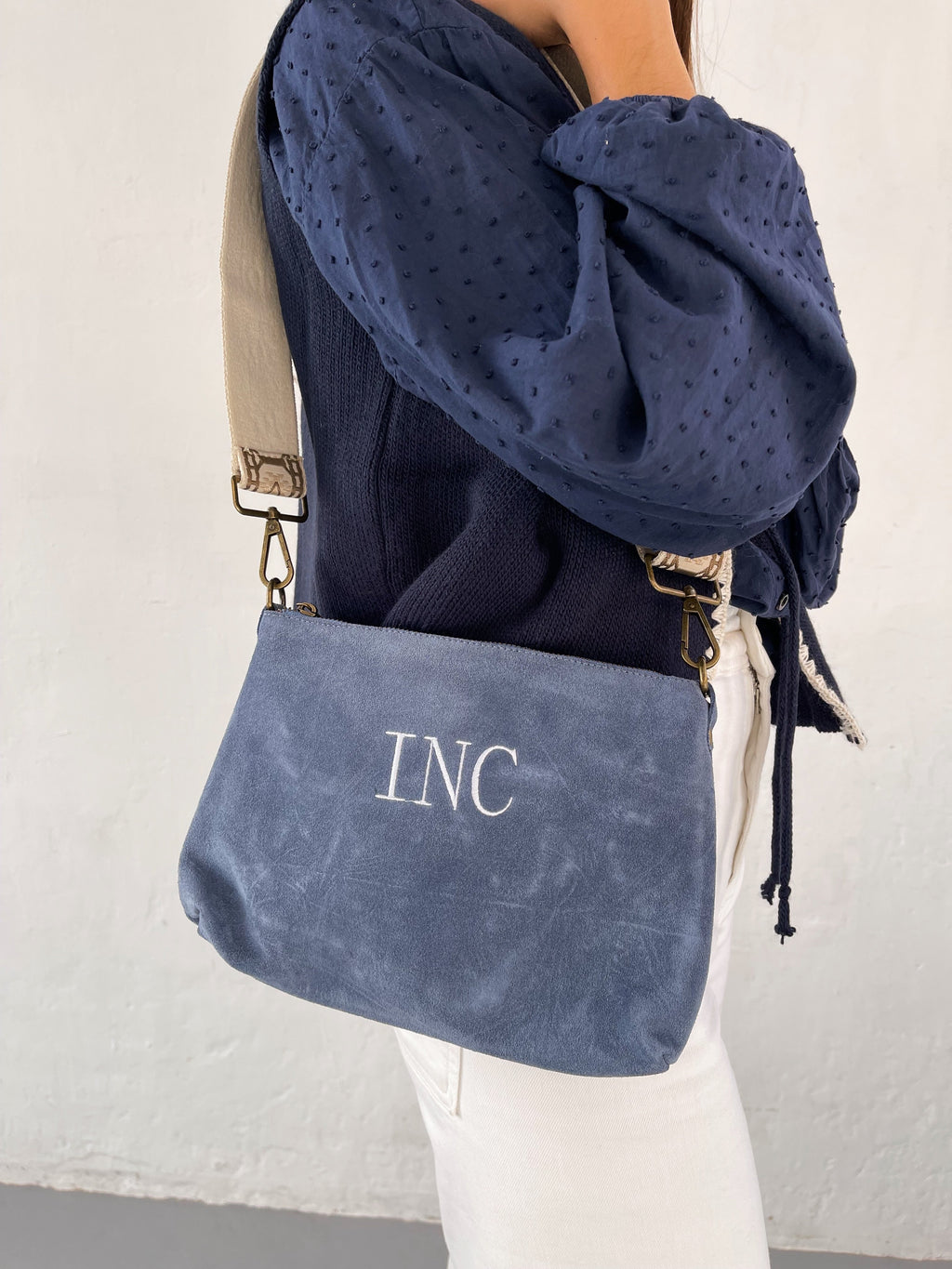 Sac Bandoulière En Daim Bleu
