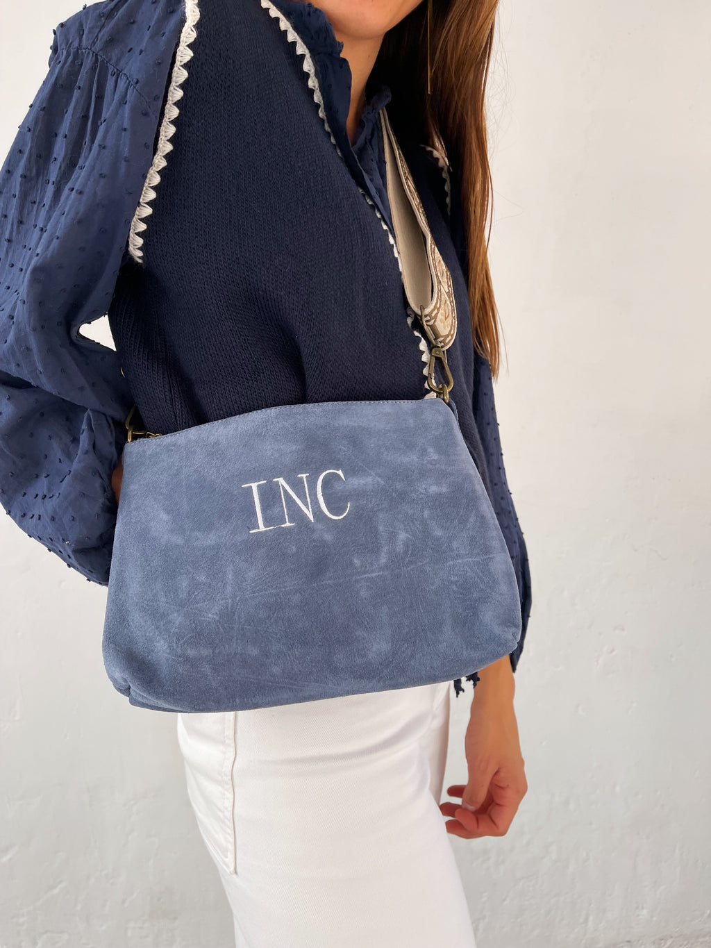 Sac Bandoulière En Daim Bleu